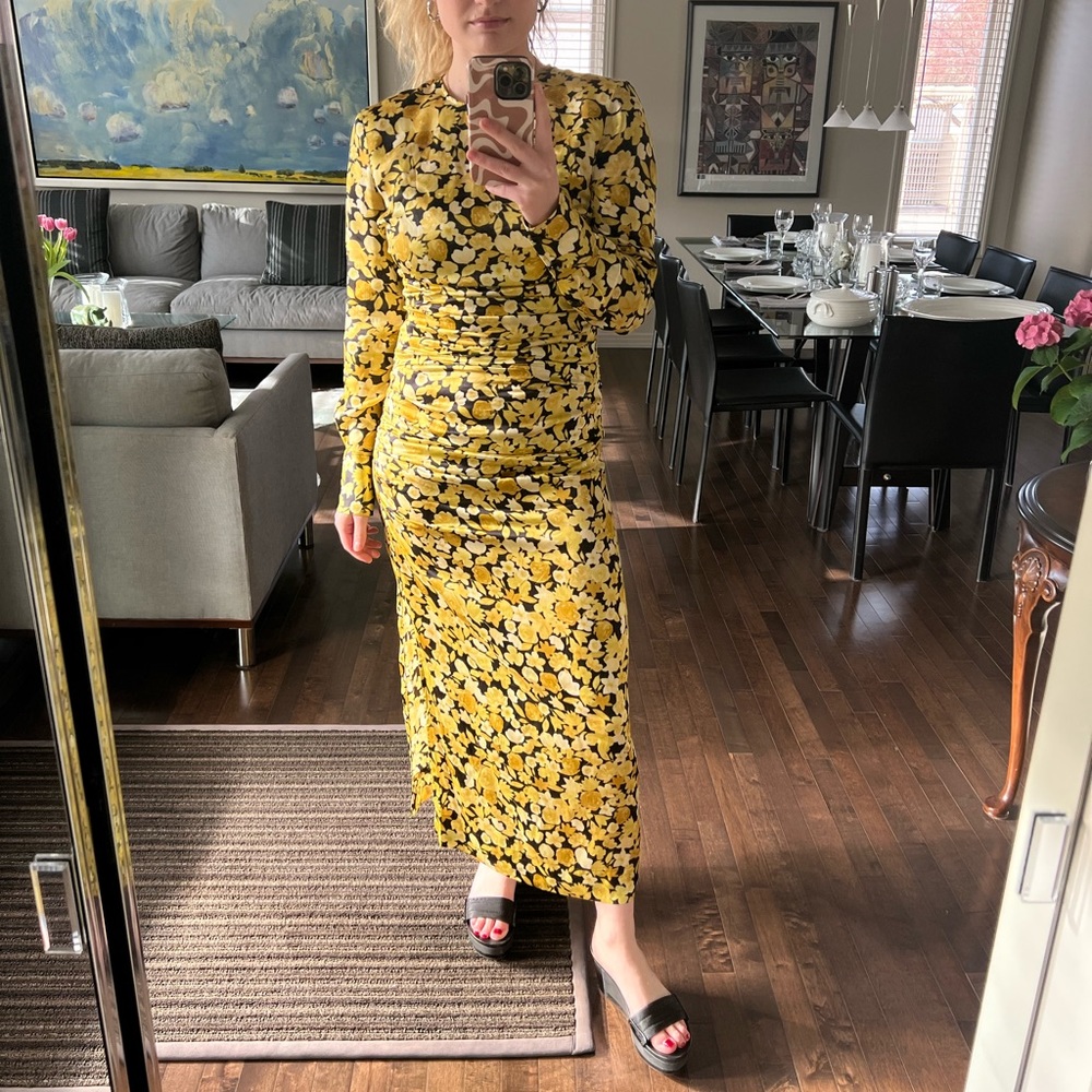 GANNI Yellow Floral Silk Stretch Satin Dress